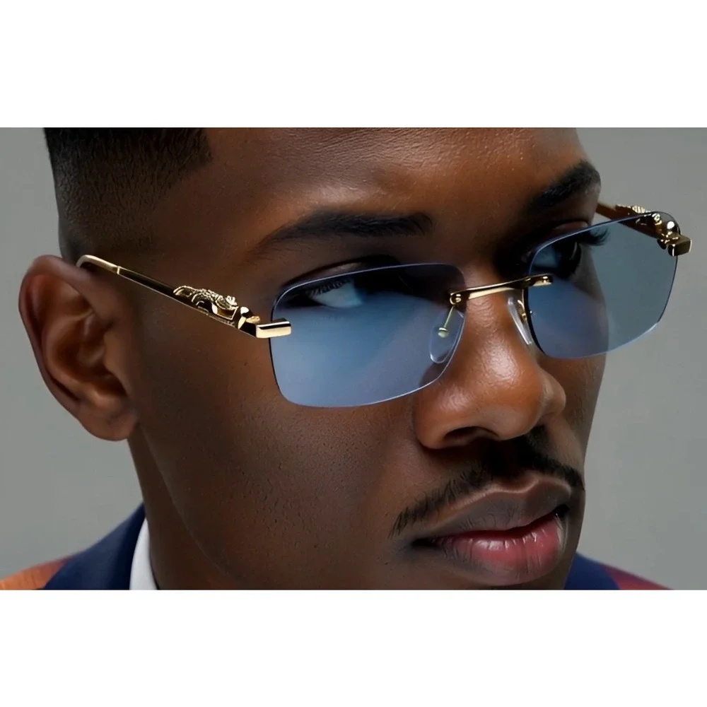 Rimless Sunglasses Gold Leopard Accents Blue Lens Fashion Shades Style Men Gafas